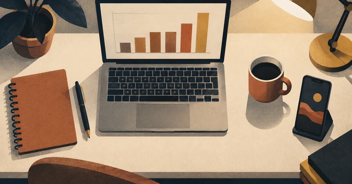 An analyst's desk with a laptop showing a bar chart, a notebook, a mug and a phone