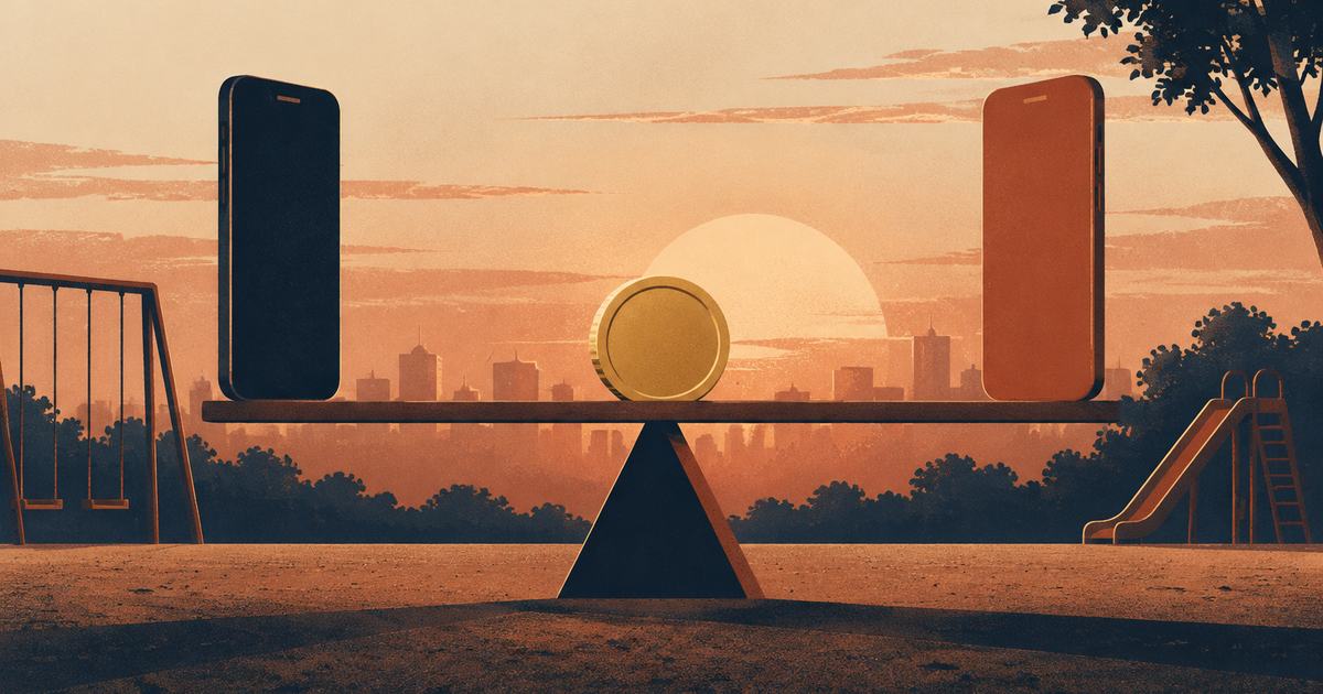 Two phones on opposite ends of a see-saw, a gold coin at the centre