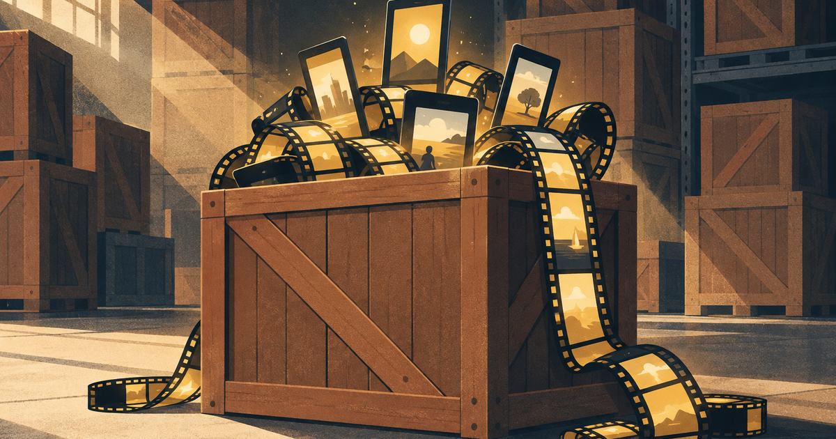 A wooden crate overflowing with film strips and small vertical screens