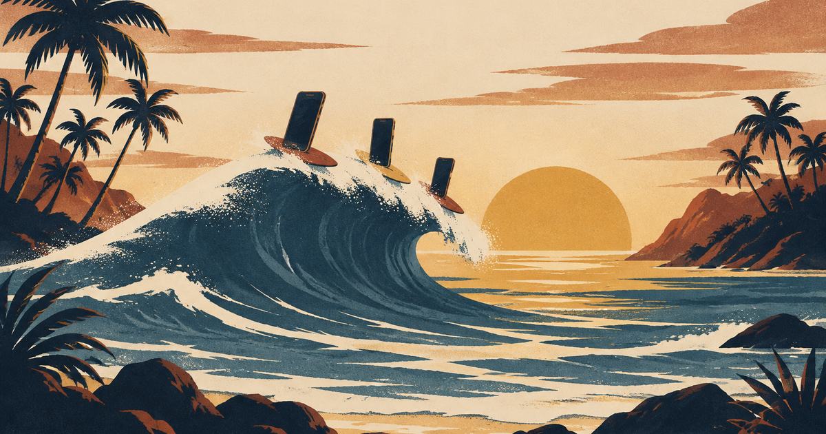 A wave rolling between two tropical coastlines, small phones riding its crest