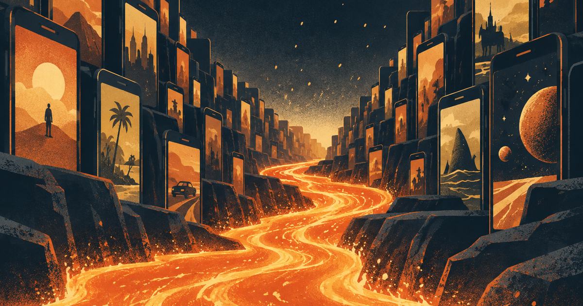 A river of flame flowing through a canyon of stacked phone screens