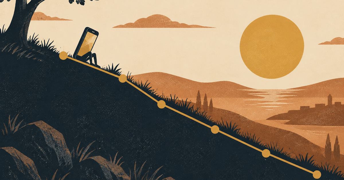 A descending line drawn as a hillside with a small phone sitting on the slope