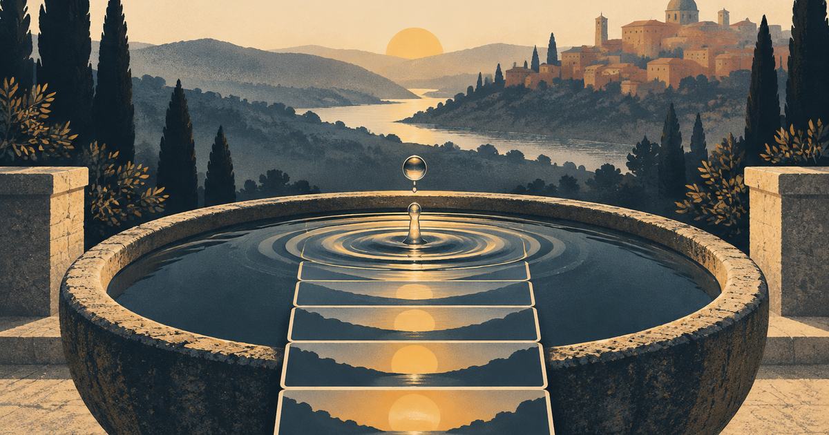 A water drop falling into a basin, the ripples forming stacked vertical frames