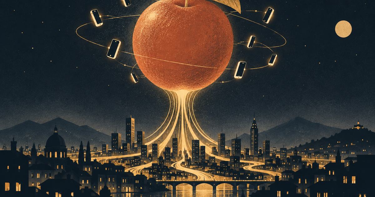 A giant glowing red fruit with tiny phones orbiting it like moons