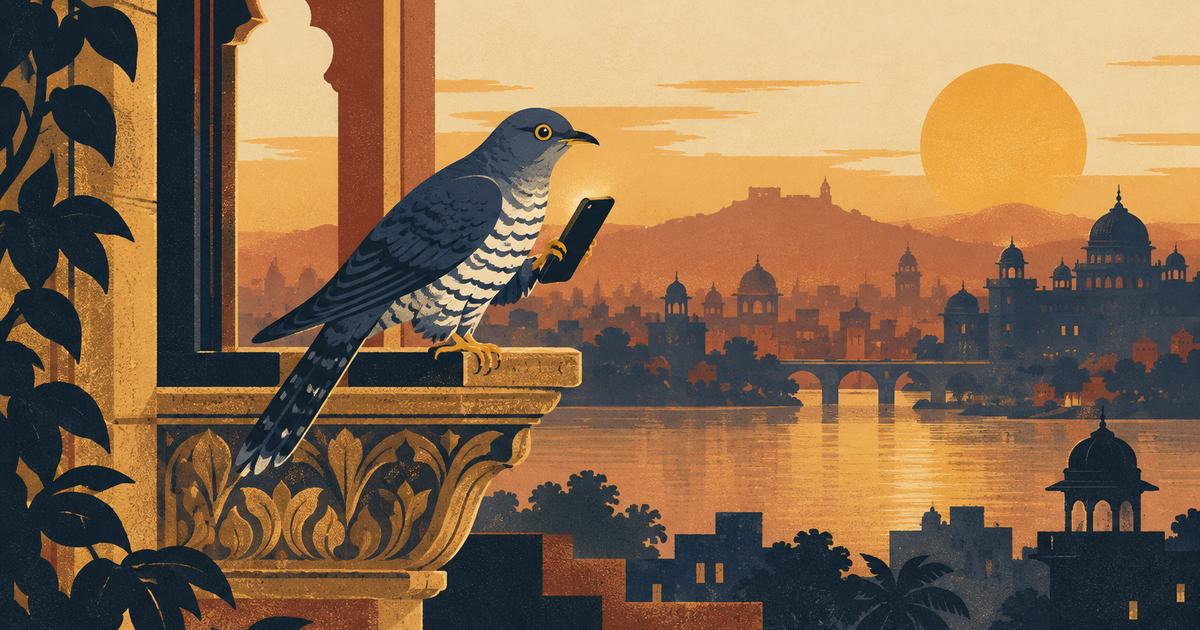A cuckoo bird on a carved window ledge beside a small glowing phone