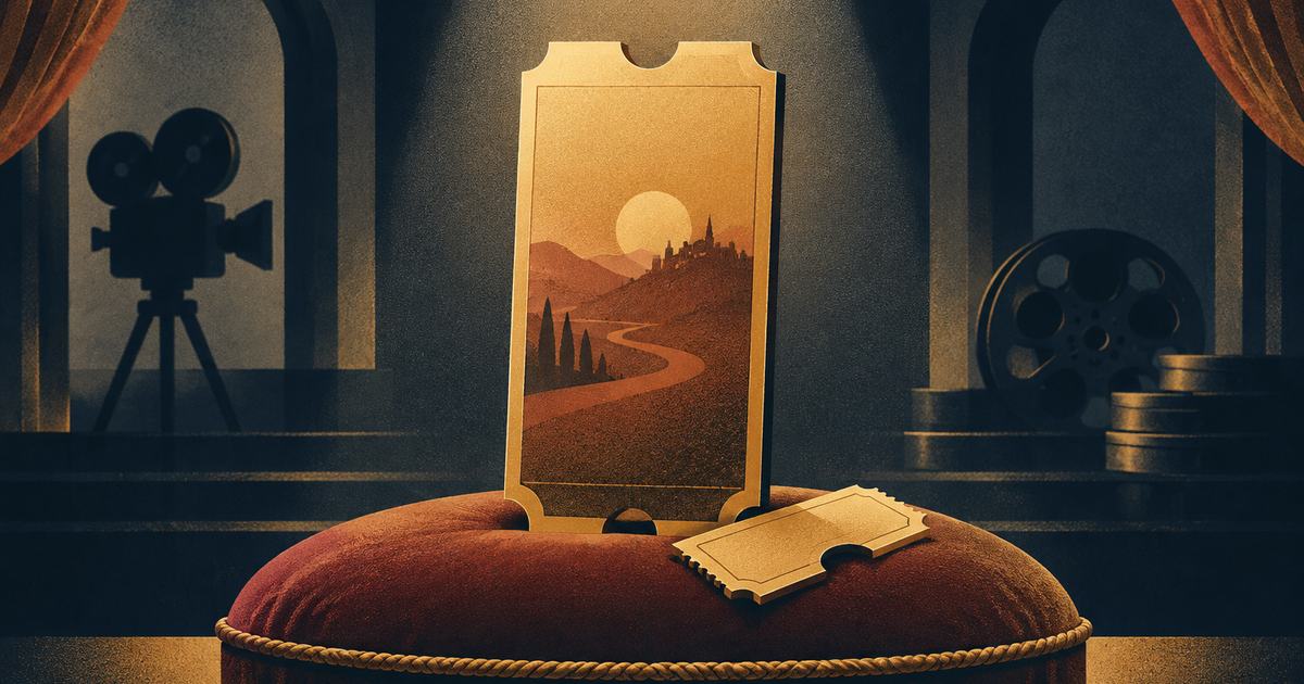 An oversized gold-edged ticket standing upright, its torn stub on a velvet cushion