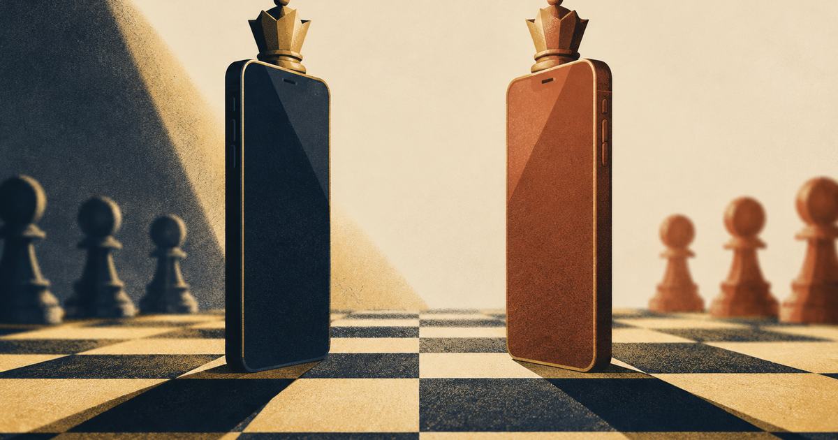Two phones facing each other like chess kings on a chessboard