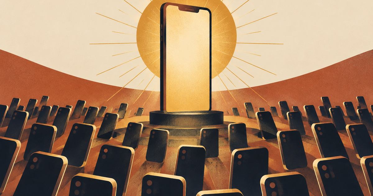 One tall glowing phone surrounded by a crowd of smaller phones tilted toward it