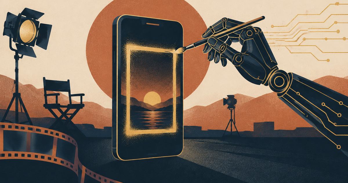 A robotic hand of thin gold lines painting a frame onto a phone screen