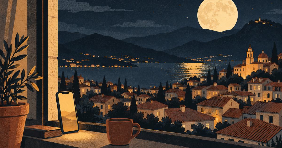 Tiled rooftops of a hillside city at night, a phone glowing on a window ledge
