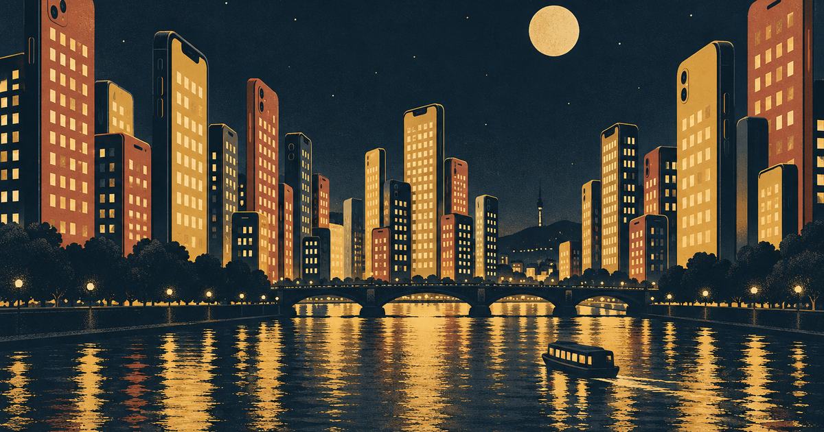 A night skyline made of upright phones, each a different colour