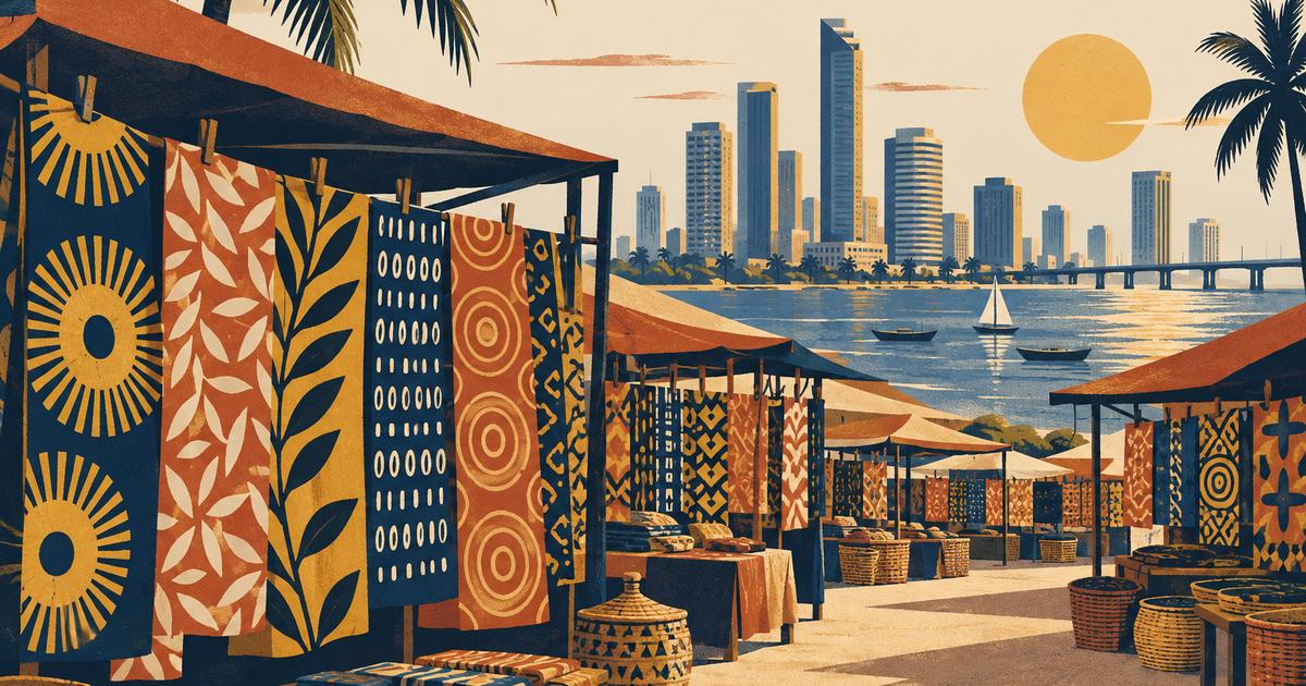 A market with bright printed fabrics in front of a coastal skyline