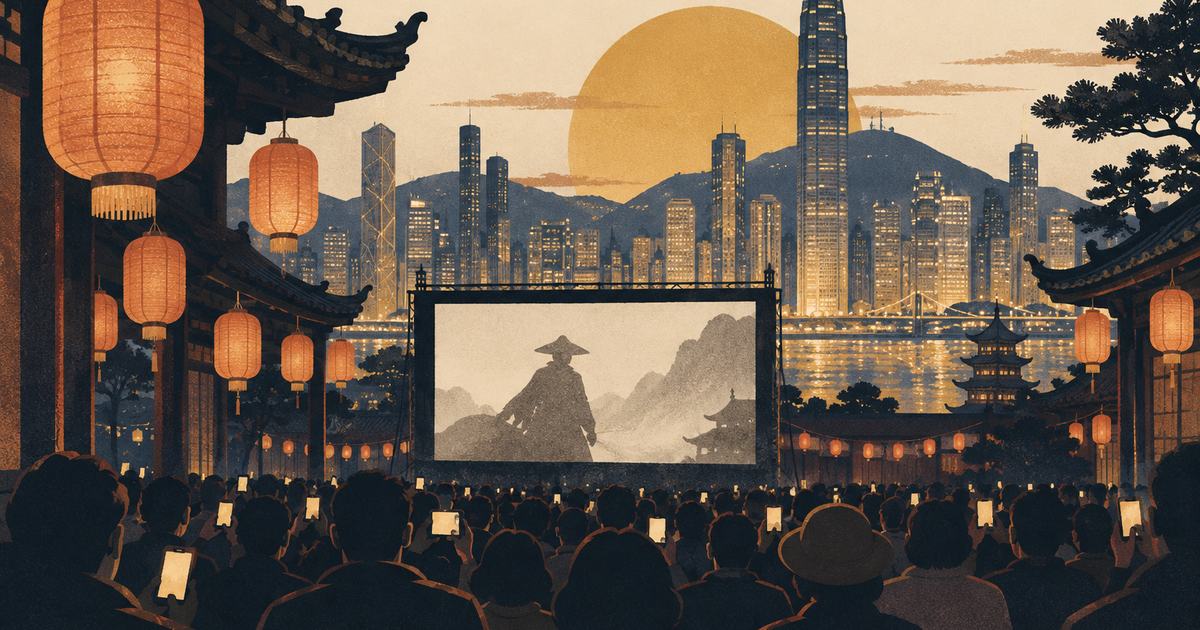Paper lanterns and tiled roofs in front of a modern skyline