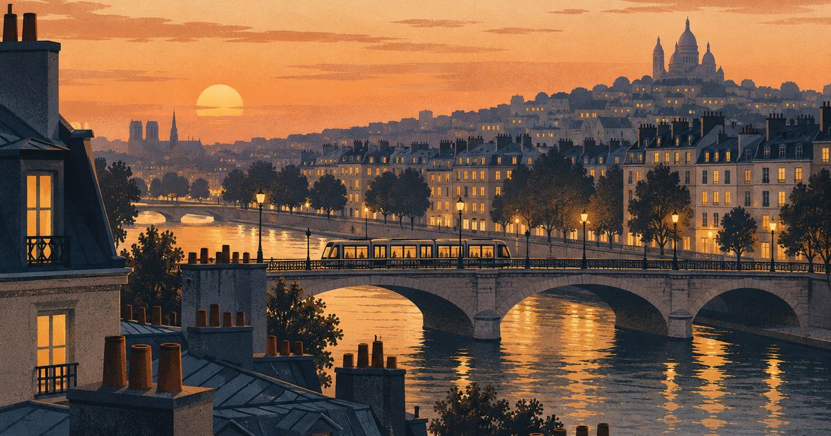 Zinc rooftops of a European capital at dusk with a tram on a bridge