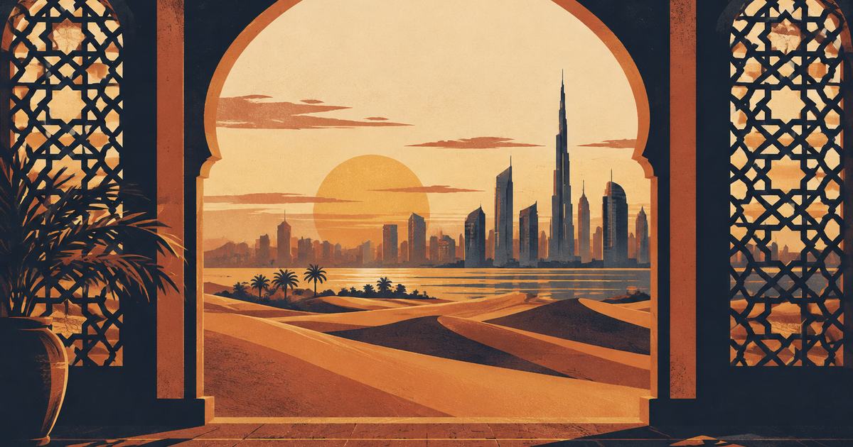 Desert dunes at sunset beside a modern skyline, seen through a carved arch