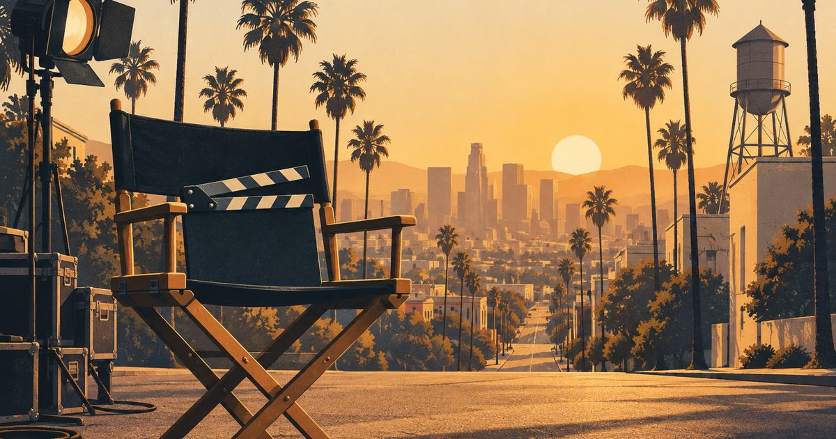 A palm-lined boulevard at golden hour with a blank clapperboard on a director's chair