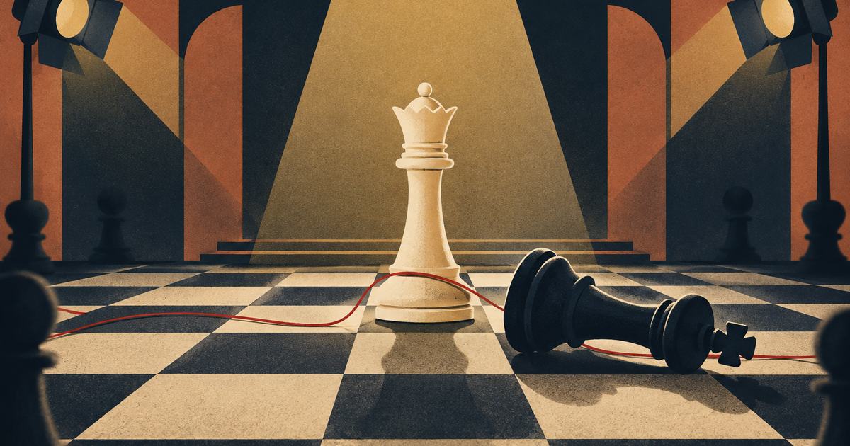 A chessboard with a toppled king and a lone queen standing