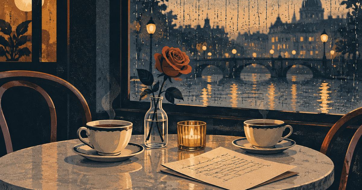 Two teacups and a rose on a café table by a rainy window