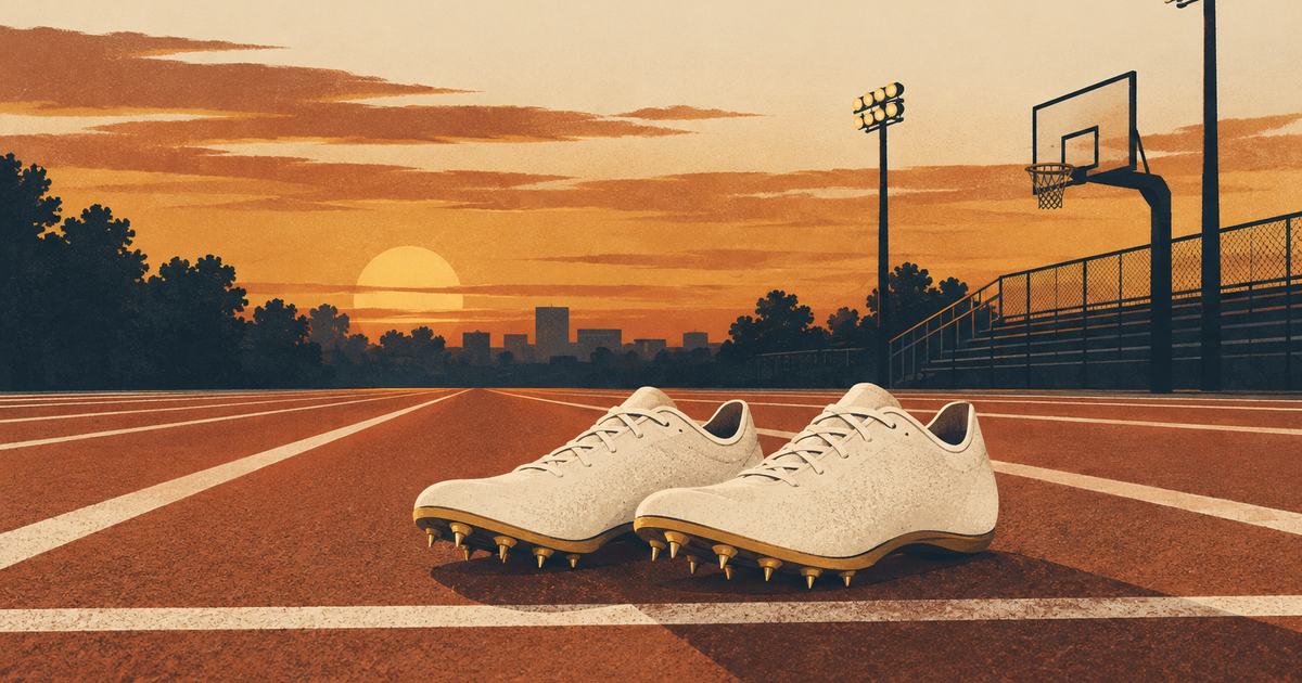 Des chaussures de sprint sur une ligne de départ au crépuscule, un panier de basket derrière