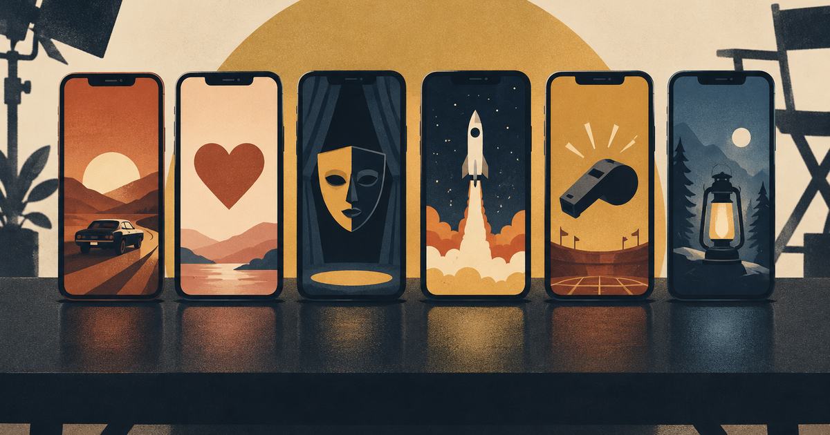 Six upright phones in a row, each screen showing a different abstract scene