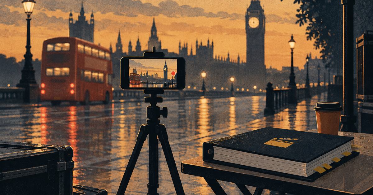A smartphone on a tripod filming on a rainy London street, a rulebook on a table