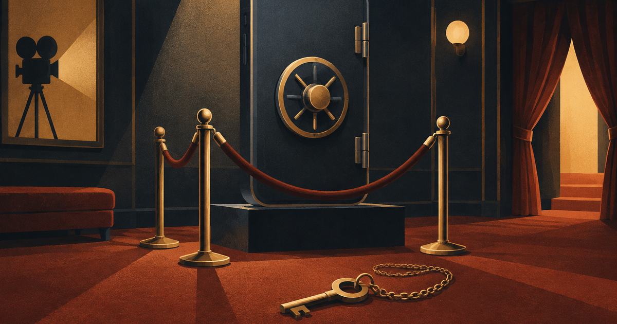 A phone-shaped locked safe behind a velvet rope with a brass key on the floor