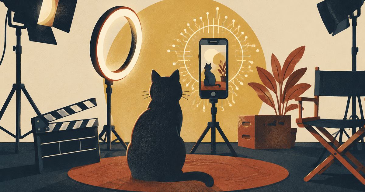 A cat on a tiny film set beside a ring light, a phone showing a cat scene