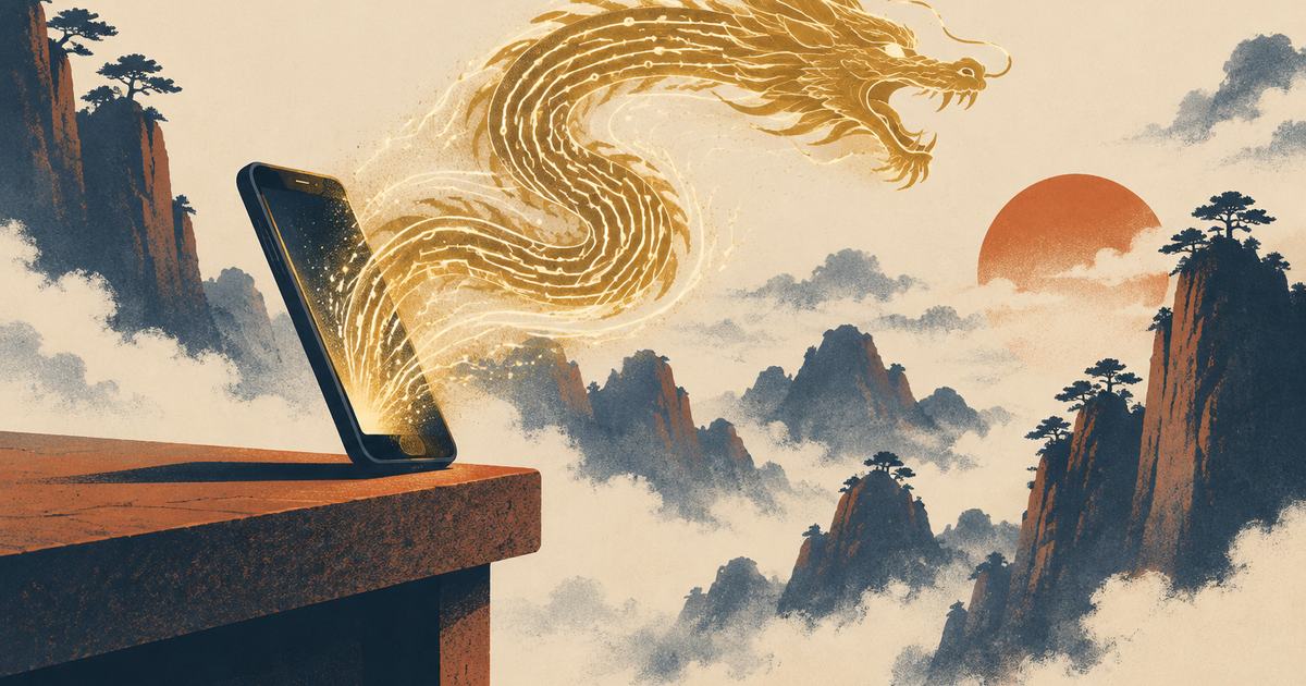 A phone tipping over a table edge, a dragon of circuit lines rising from its screen
