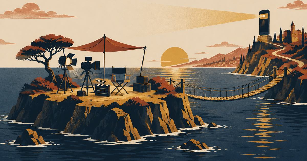 A floating island with a tiny film set, a rope bridge and a phone-shaped lighthouse