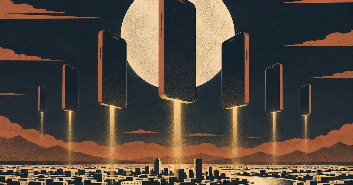 A fleet of tall phone monoliths hovering in formation over a pale city