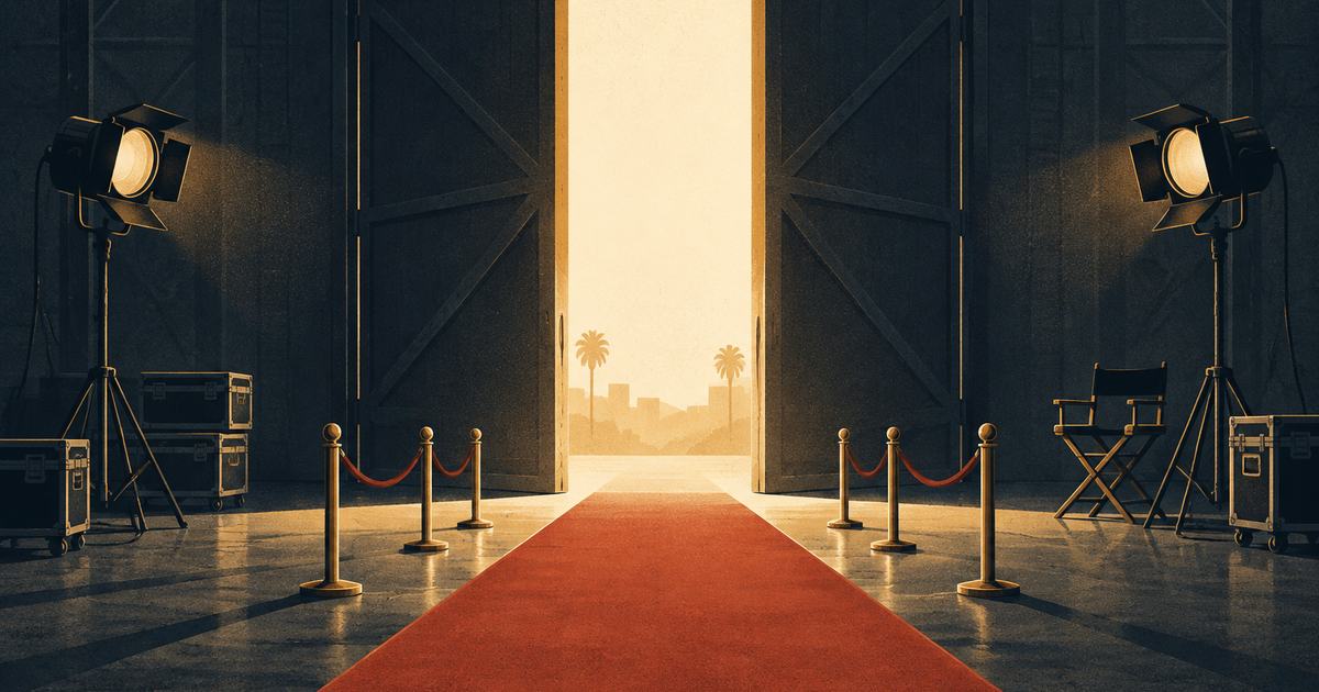 A soundstage door opening onto a tall vertical frame of light