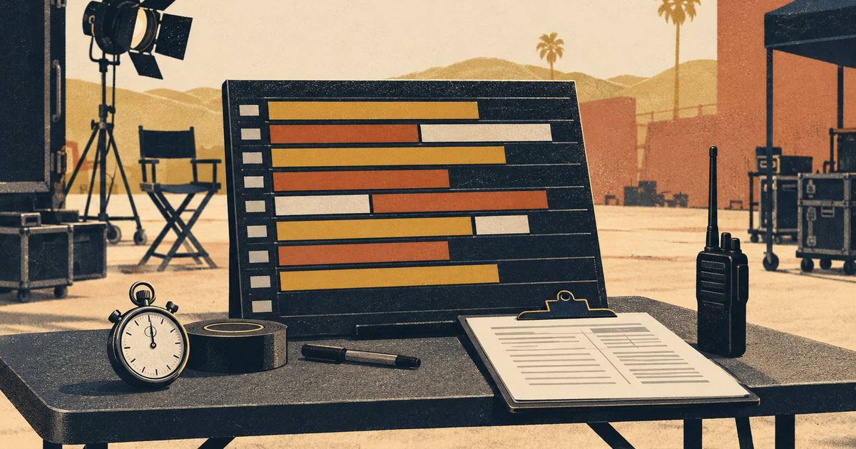 A production schedule board with coloured strips, a stopwatch, a clipboard and a walkie-talkie