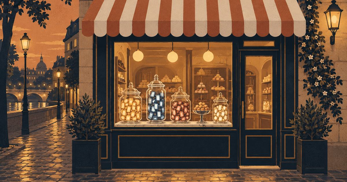 A shop window with jars of candy shaped like tiny glowing phone screens
