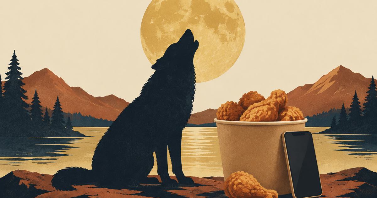 A wolf under a full moon beside a paper bucket of fried chicken and a phone