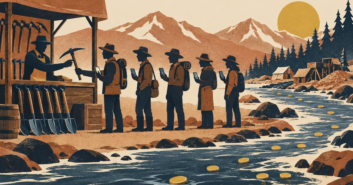 A gold-rush stall selling pickaxes and shovels, prospectors carrying phones instead of pans