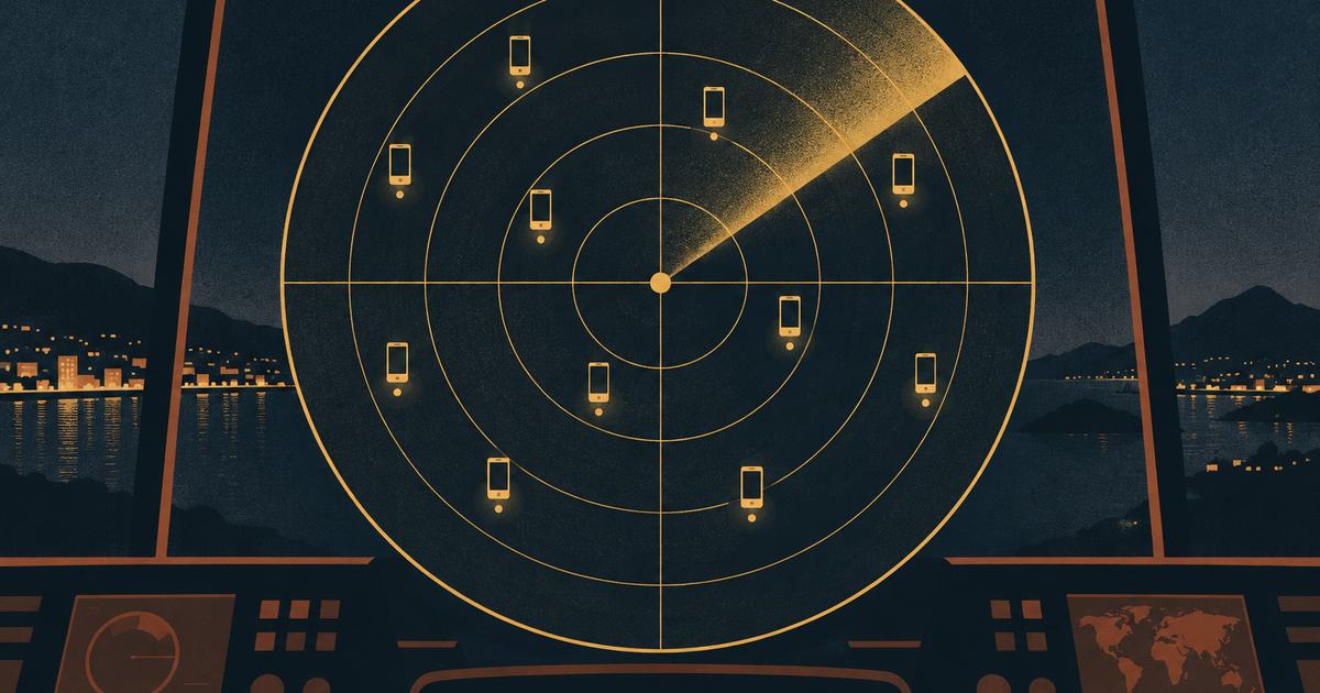 A radar screen with gold rings and a sweeping beam, small phone-shaped blips