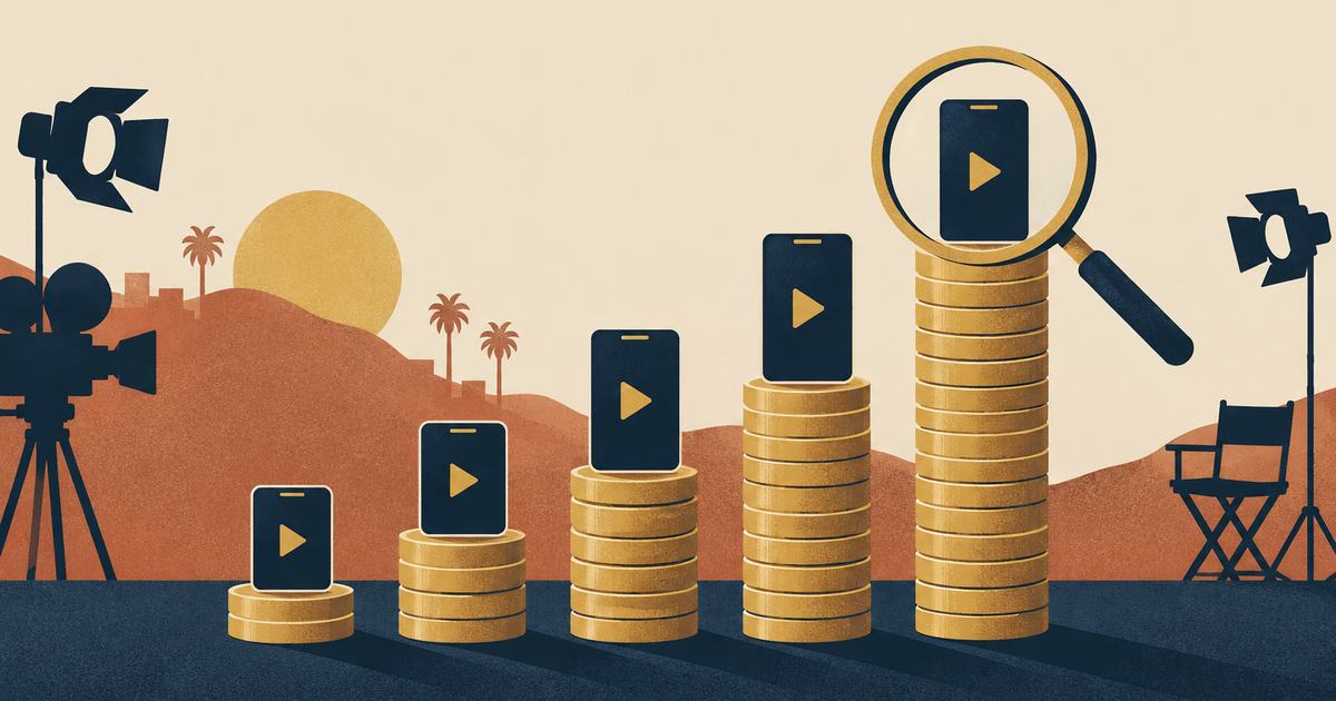 Rising bars made of gold coins and phone screens with a magnifying glass