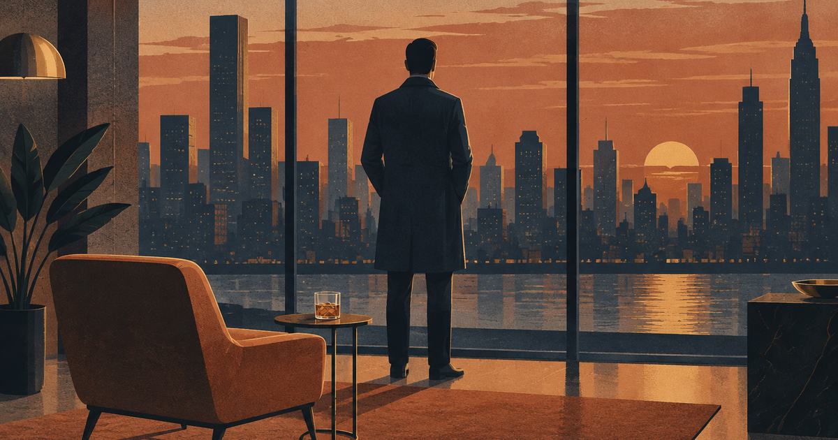 Silhouette of a man in a dark coat seen from behind, facing a glass skyline at dusk