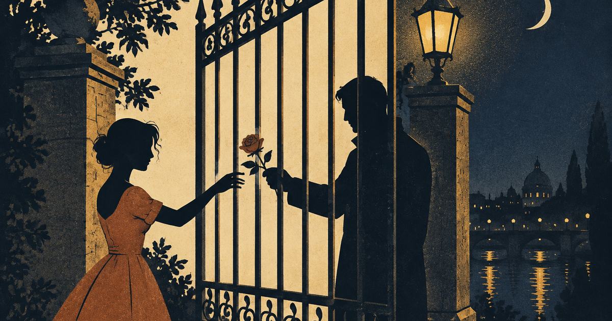 Two silhouettes on either side of iron gates at night, a rose passed through the bars