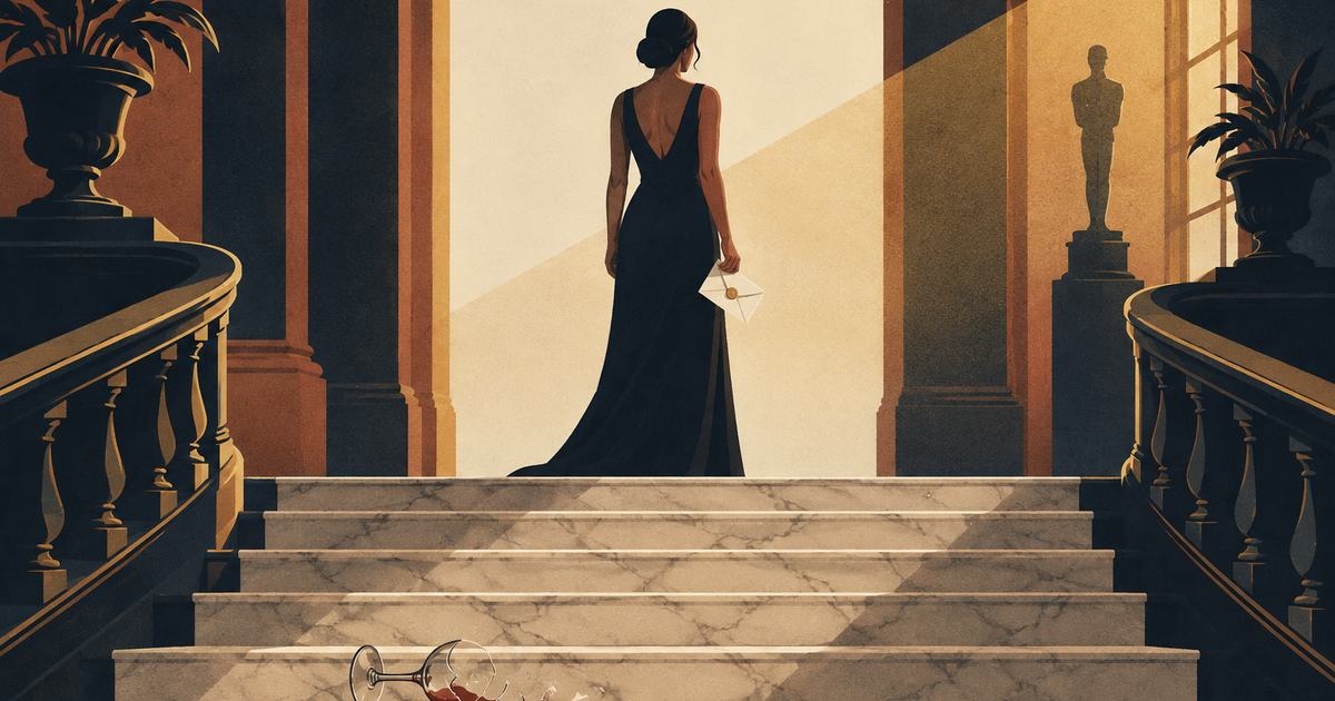 Silhouette of a woman at the top of a marble staircase holding an envelope, a broken glass on the steps