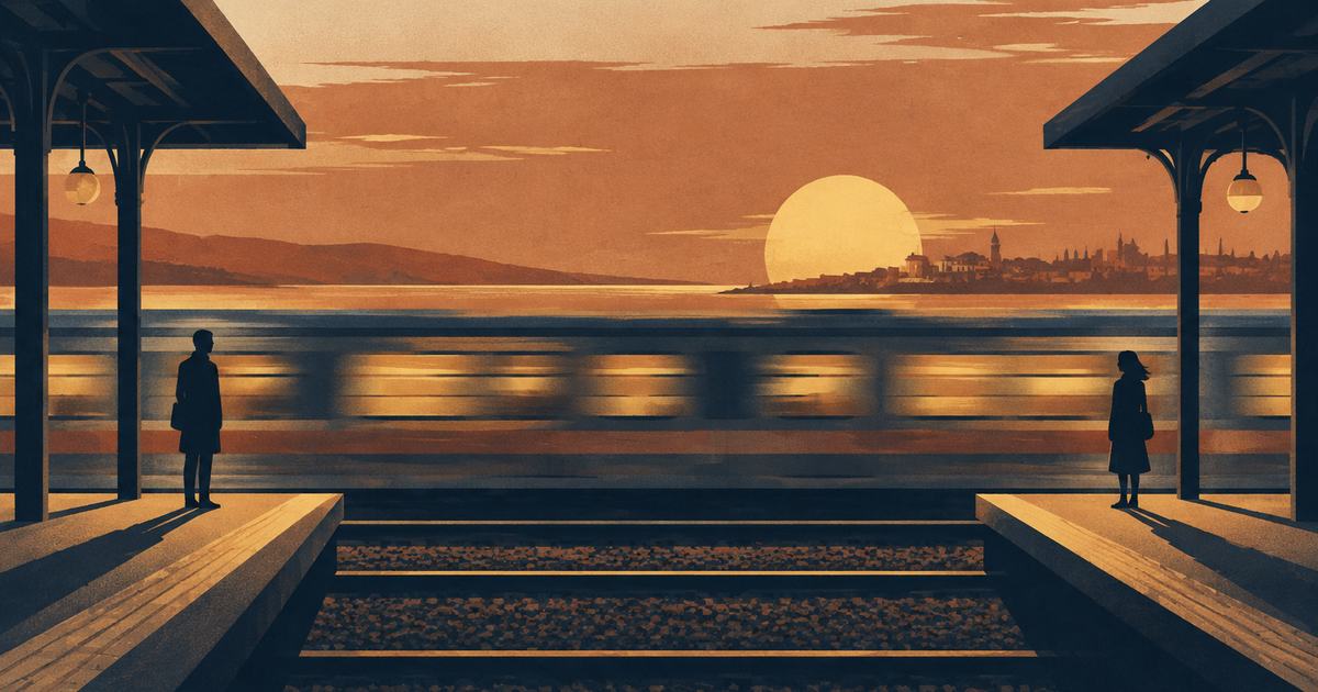 Two silhouettes on opposite station platforms while a train passes between them