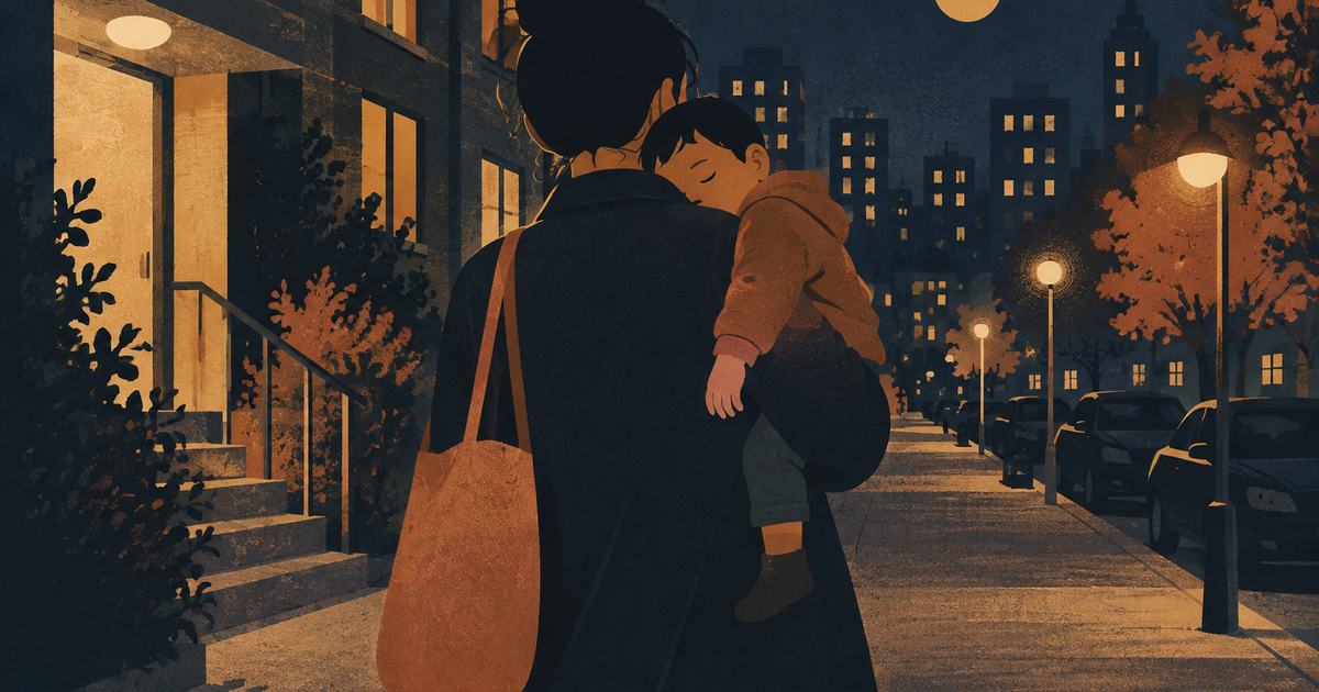 A woman carrying a sleeping child on her shoulder along a night street