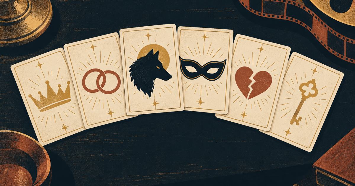 A fan of cards, each showing a symbol such as a crown, two rings, a wolf or a mask