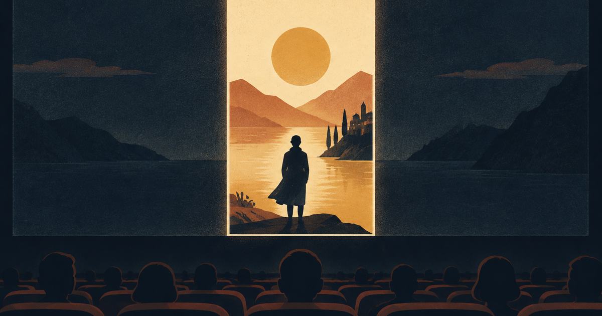 A glowing portrait frame standing inside a dark widescreen cinema frame